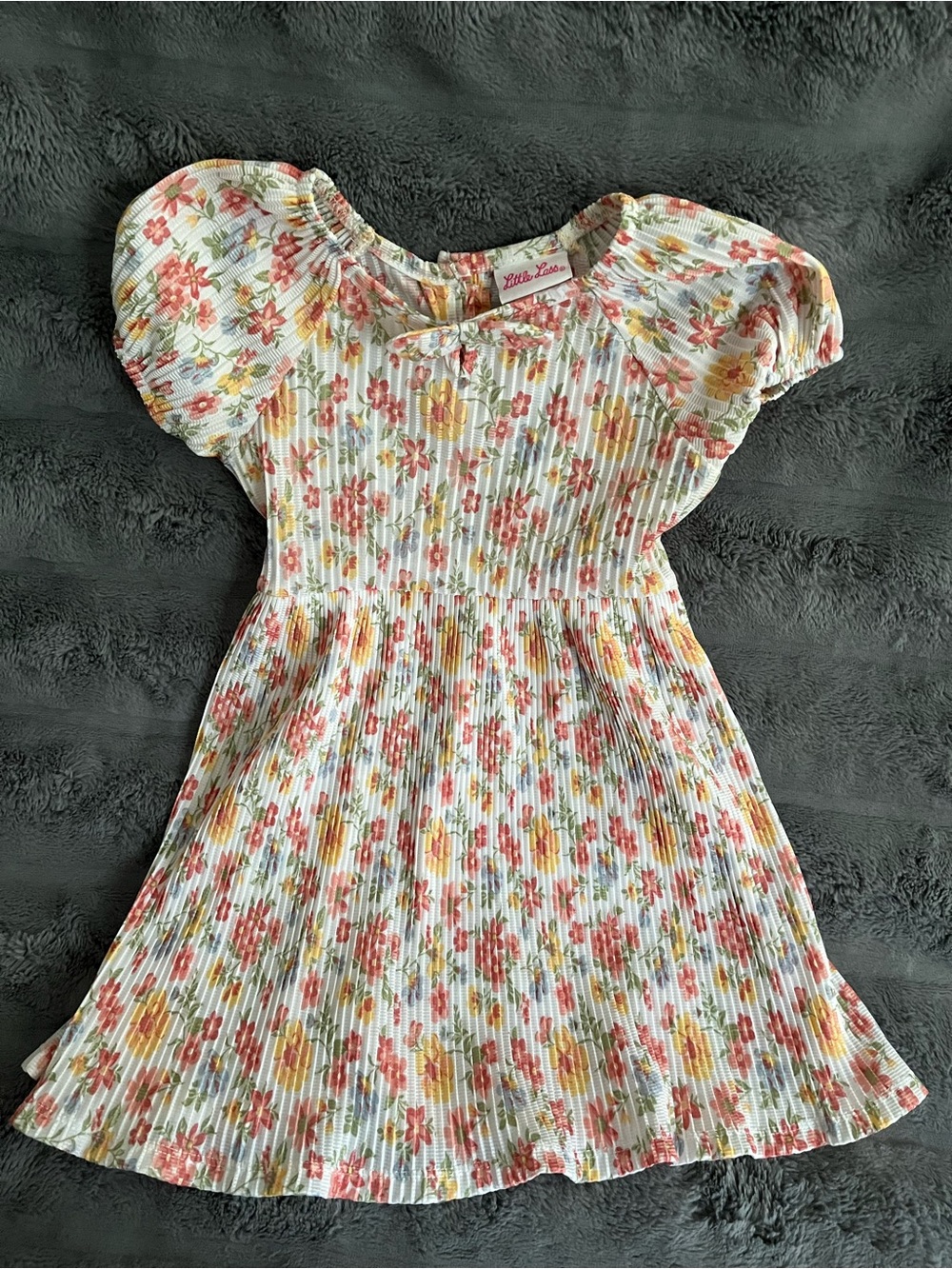 Little Lass White Floral Puff Sleeve Dress - Pink & Yellow Flowers